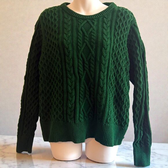 Vintage Crystal-Kobe Green Cable Knit Sweater | Heavy Cotton Knit | Size L - Picture 2 of 8